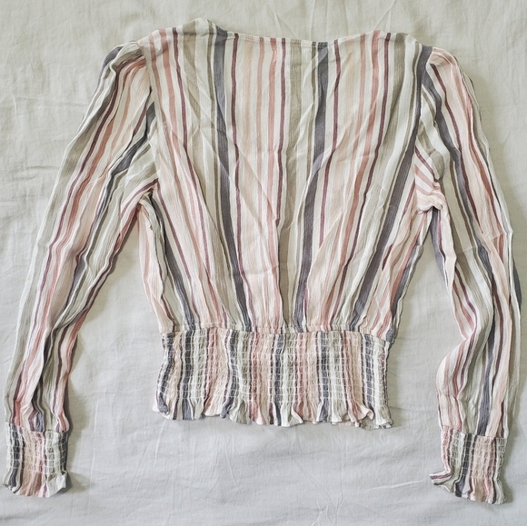 WOMEN'S Japna Neutral Striped Long Sleeve Crop Top Size M Buttons Smocked - Picture 9 of 11